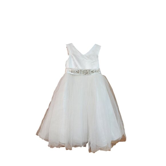 Custom Made White Flower Girl Dress With Tulle Skirt & Floral Waistband